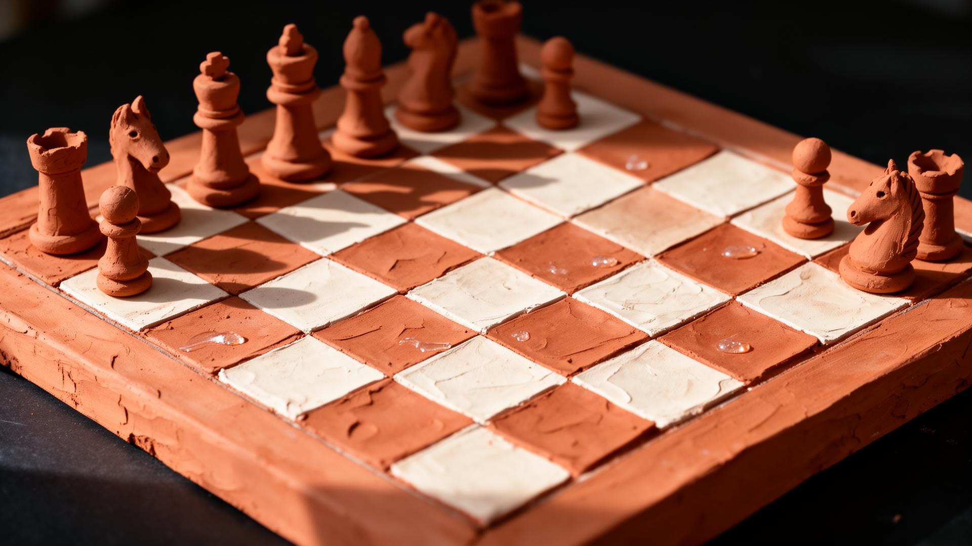 Handcrafted clay chess board with sculpted terracotta pieces