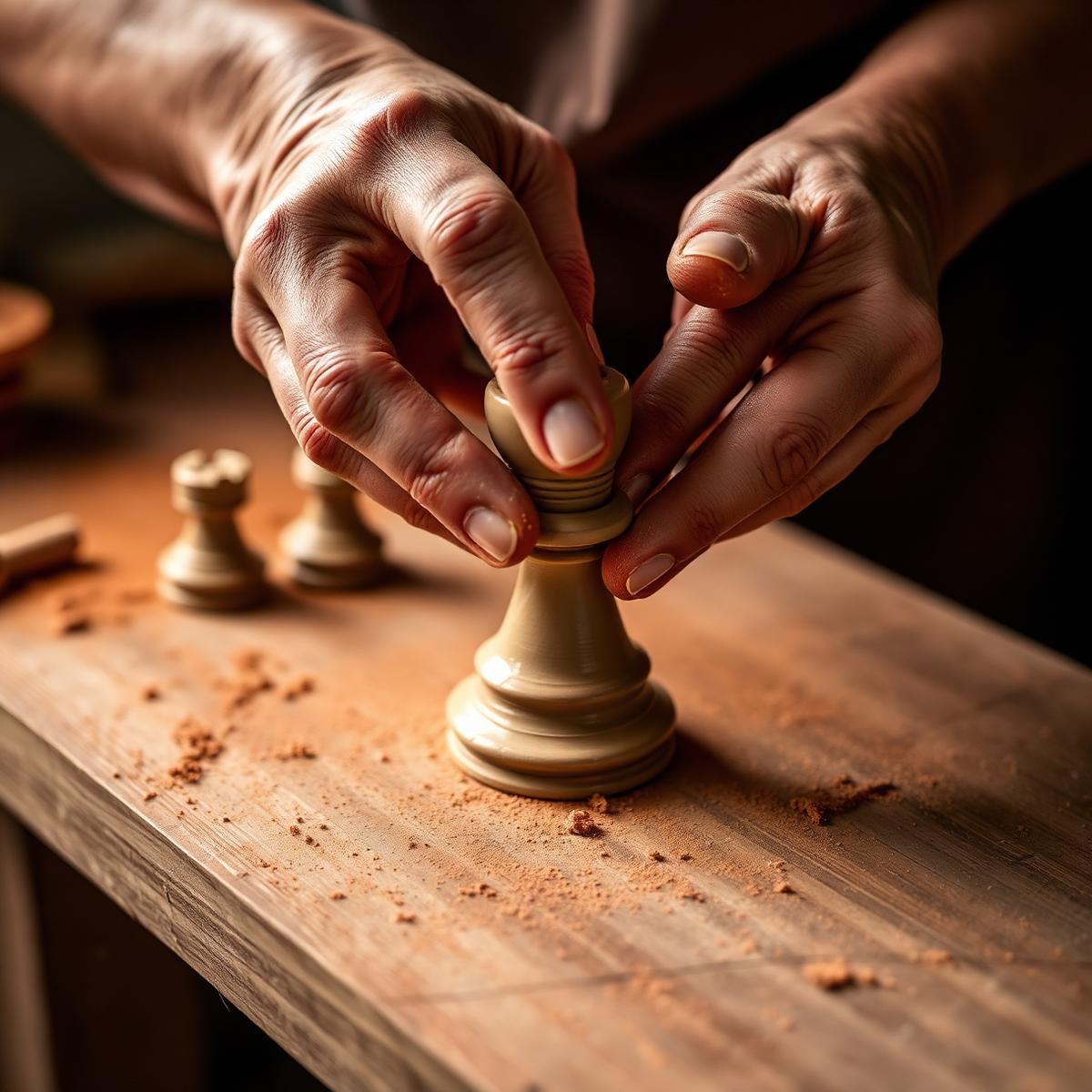 Hands sculpting a clay chess piece on the studio bench